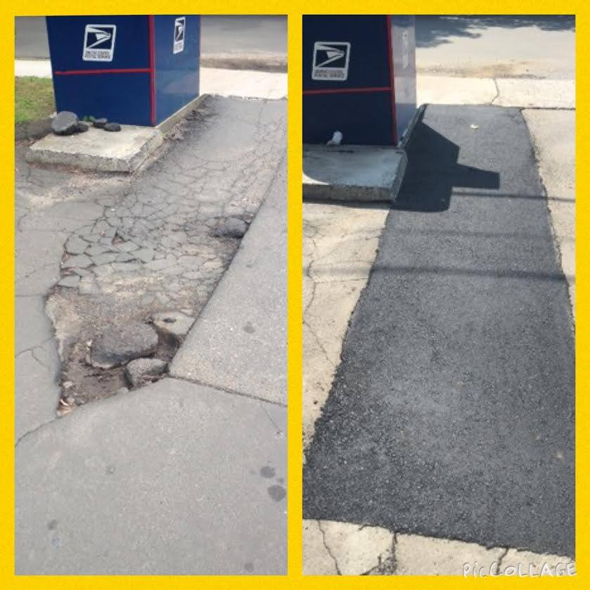 Before and after asphalt patch repair beside a mailbox in Connecticut