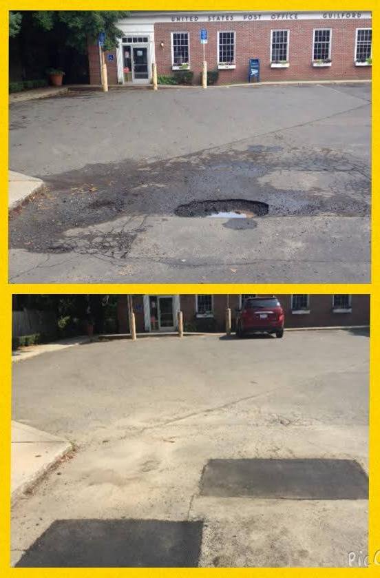 Before and after pothole and asphalt repair at the Guilford post office in Connecticut