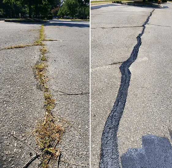 Before and after of an asphalt crack cleaned and sealed with hot rubber crack filler