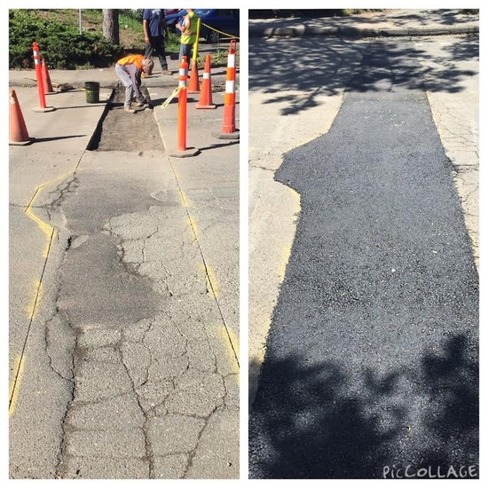 Before and after asphalt patch repair in Westbrook